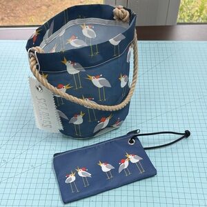NWT Sea Bags Maine Navy Seagull Print Rope-Handle Bucket Bag with Zipper Pouch